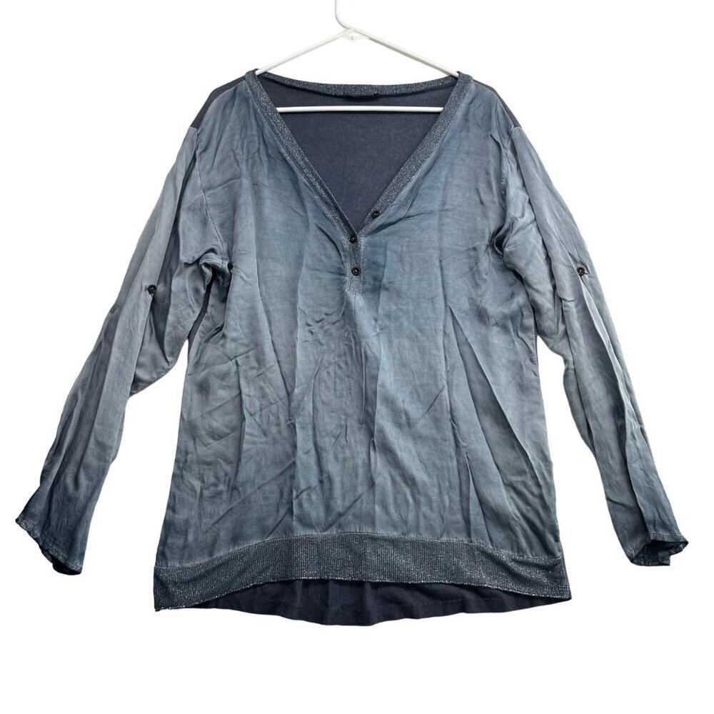 Made In Italy Womens Cotton Viscose Blouse Size M Blue Roll Tab Sleeve V Neck